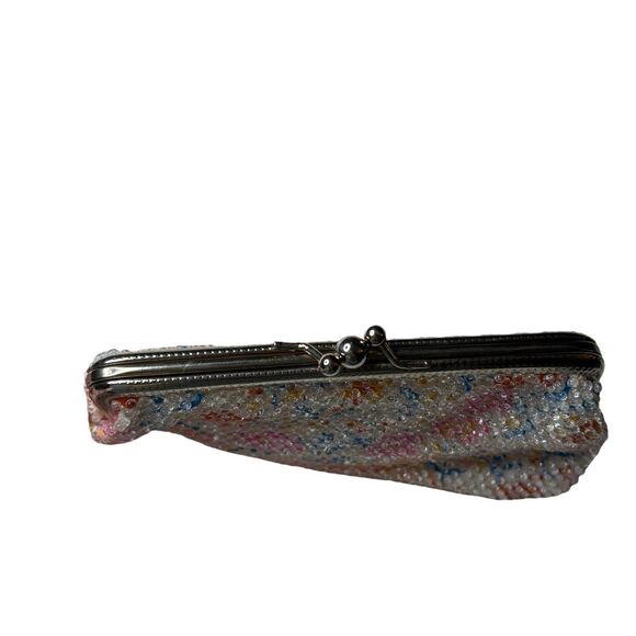 Vintage White Pink Red Blue Lumured Corde Bead Bag Hand Bag Wallet Coin Purse - Picture 5 of 7